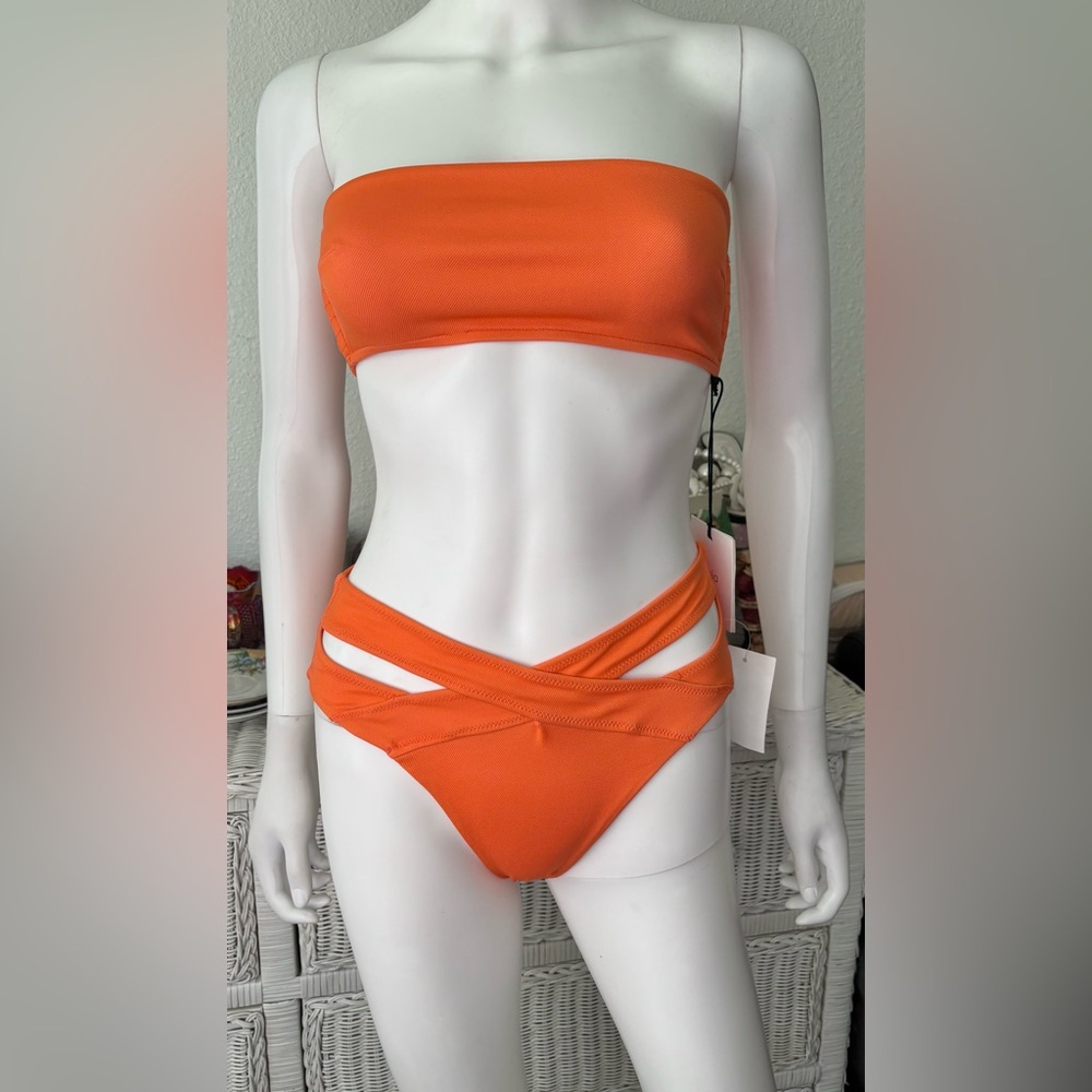 Onia Jo Bandeau Bikini Top & Isla Strappy Bikini Bottom in Orange Size S NWT